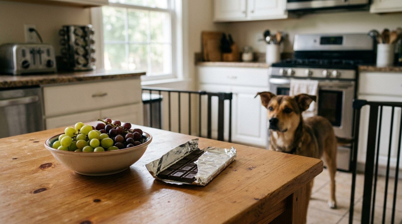 Pote de uvas e barra de chocolate sobre a mesa, fora do alcance de um cachorro curioso ao fundo