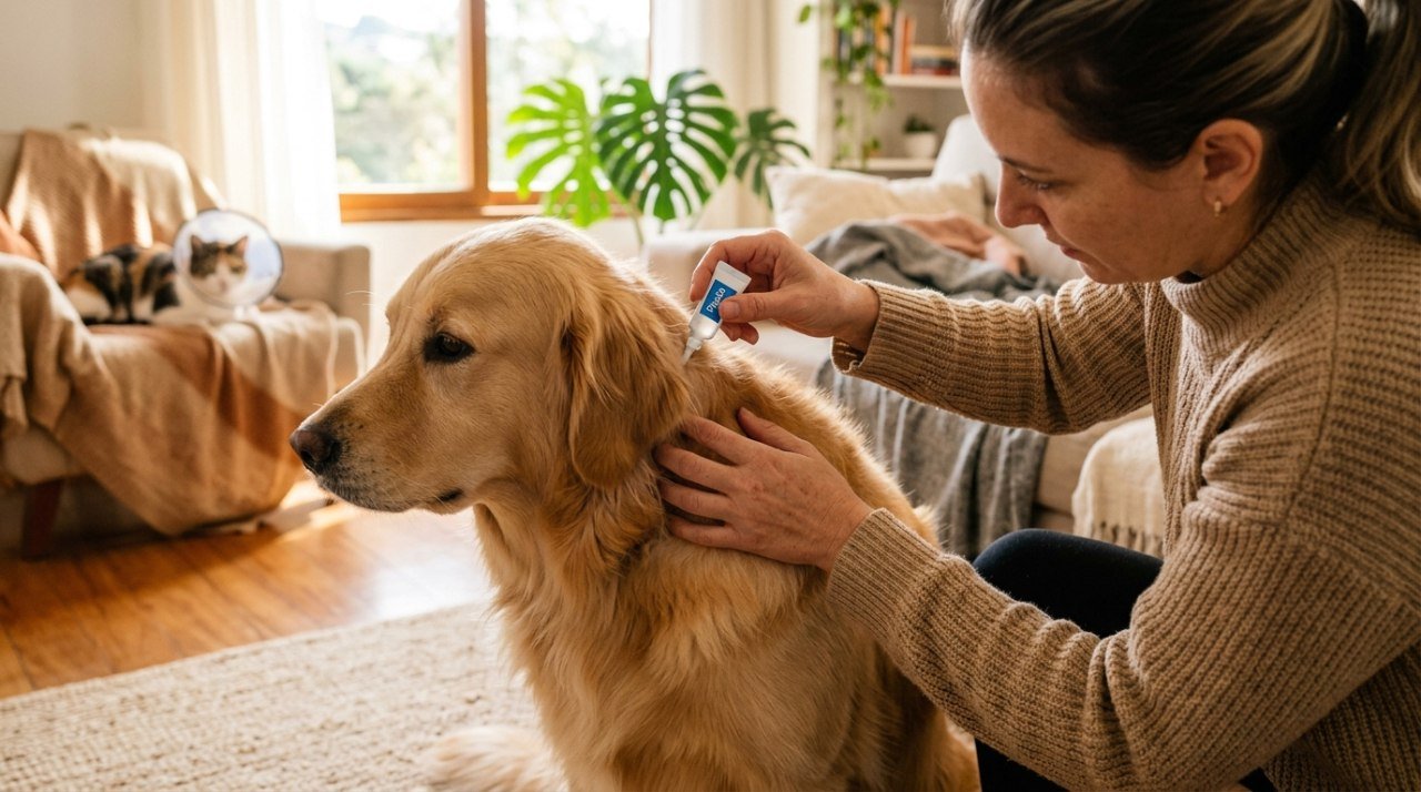 Tutor aplicando pipeta antipulgas na nuca de um cachorro calmo