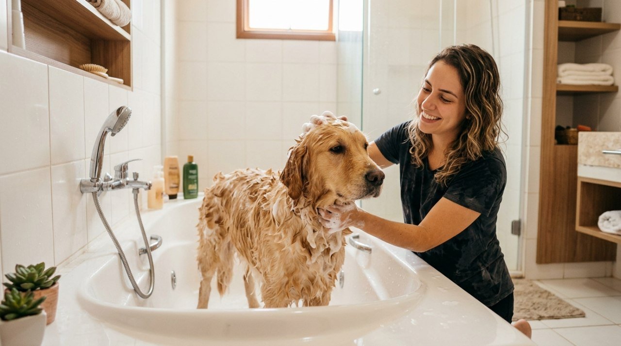 Cachorro sendo lavado com cuidado em banheira doméstica, espuma de shampoo neutro na pelagem