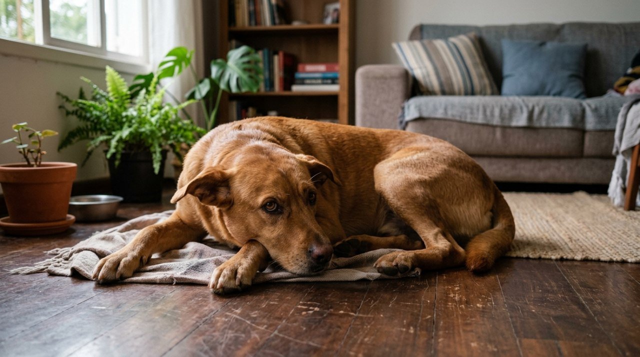 Cachorro deitado com expressão tensa, orelhas baixas, em ambiente doméstico