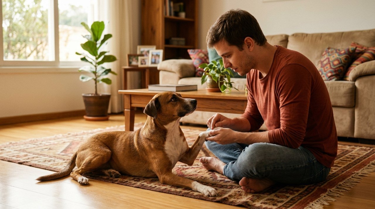 Tutor examinando com cuidado a pata de um cachorro deitado