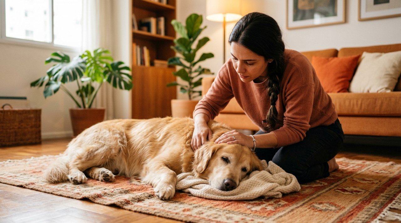 Tutora cuidando com carinho de cachorro golden retriever deitado e quieto no tapete da sala