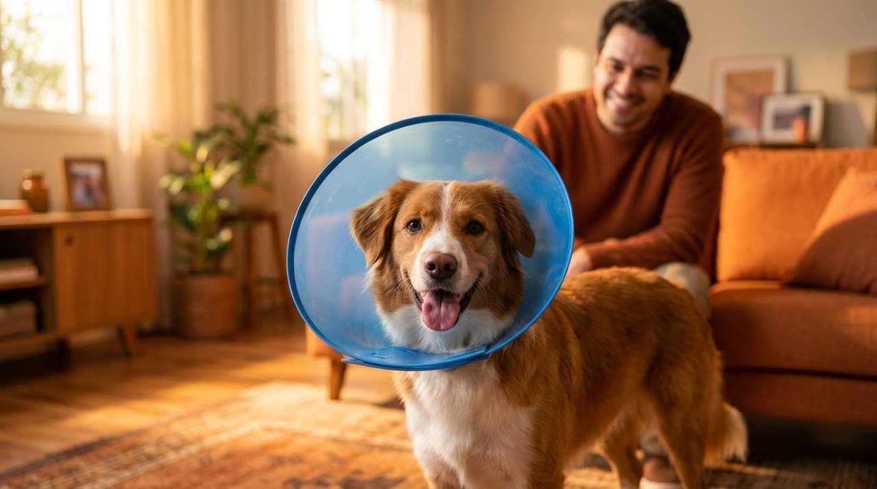 Cachorro usando colar elisabetano de recuperação pós-castração, tutor sorrindo ao fundo