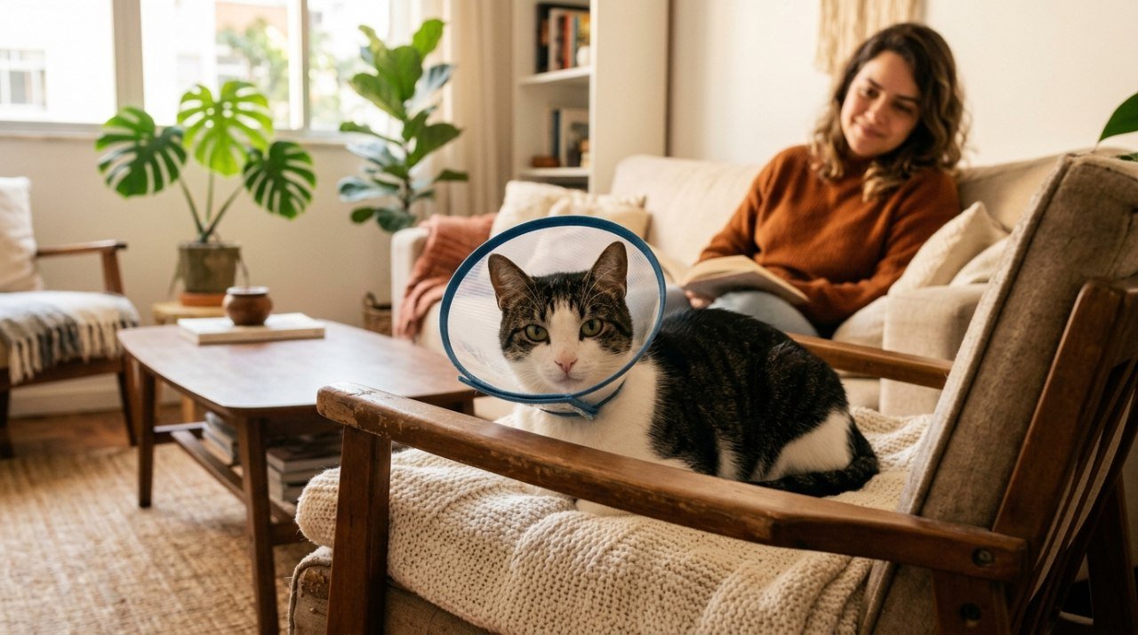Gato usando colar elisabetano de recuperação pós-cirúrgica, ambiente doméstico tranquilo