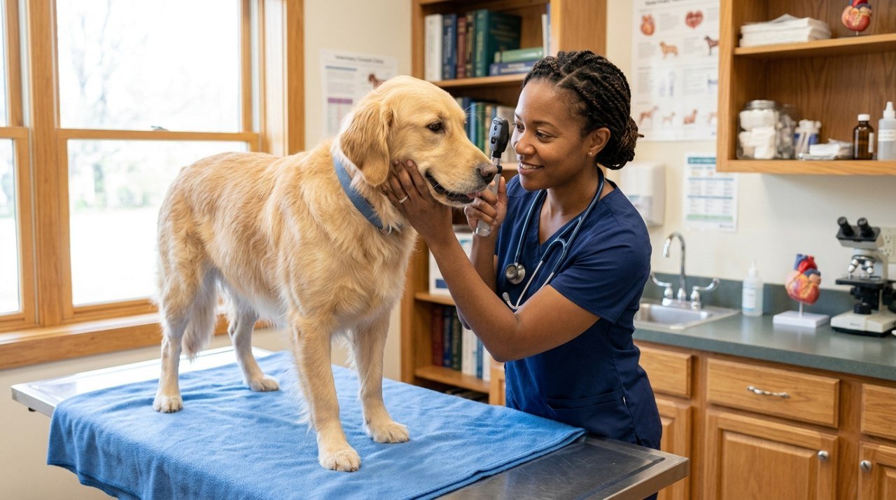 Veterinário examinando atentamente um cachorro saudável em mesa de consultório