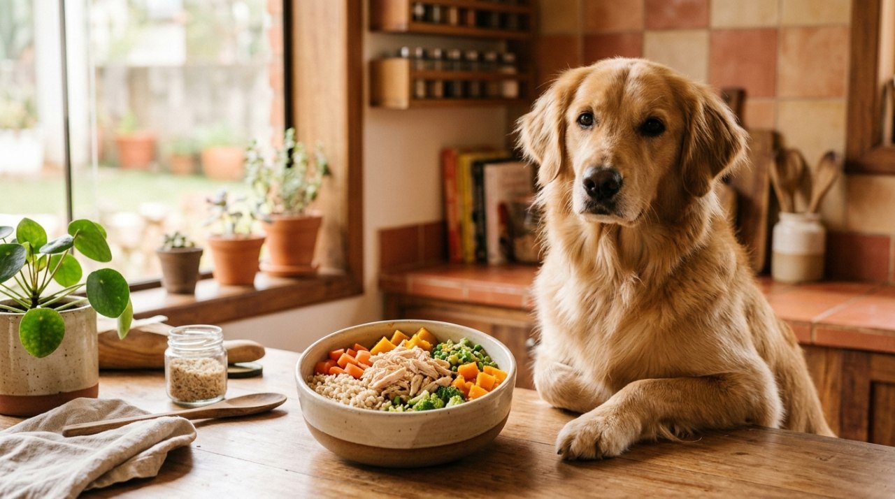 Cachorro sentado próximo a uma tigela com alimentos caseiros como frango e legumes cozidos