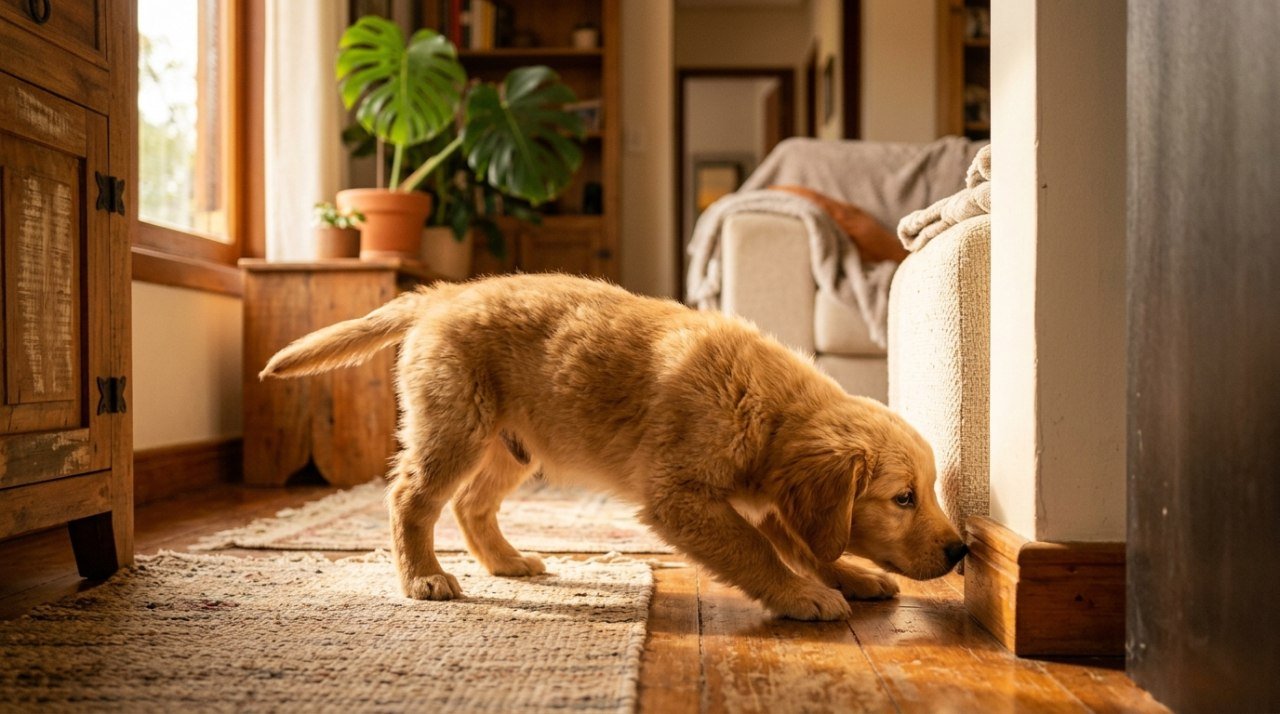 Cachorro filhote explorando com curiosidade o novo ambiente da casa