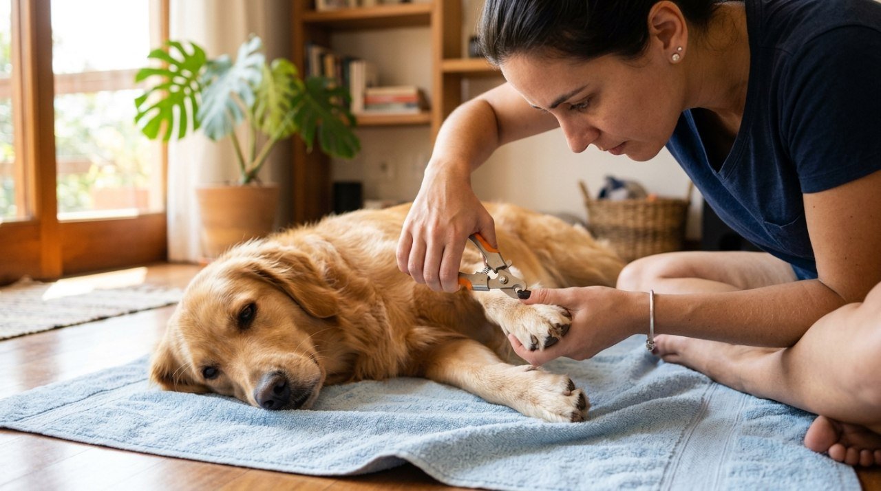 Tutor cortando com cuidado a unha de um cachorro calmo sobre uma toalha