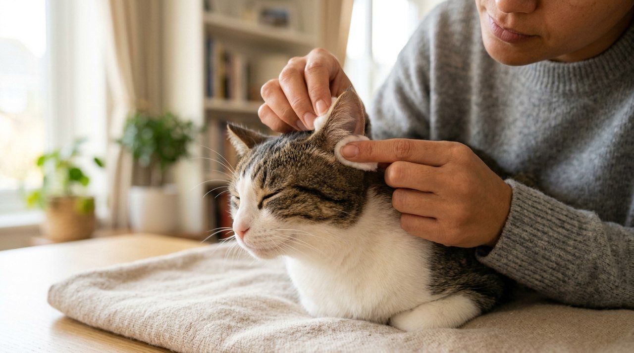 Tutor limpando com cuidado a orelha de um gato calmo, usando algodão
