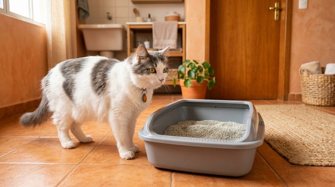 Gato branco e cinza ao lado de caixa de areia limpa em ambiente doméstico