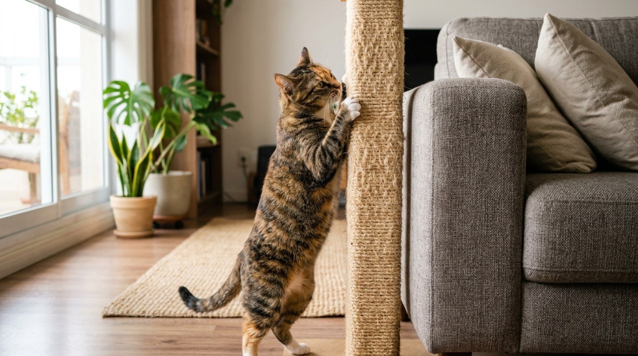 Gato arranhando um poste arranhador de corda posicionado ao lado do sofá