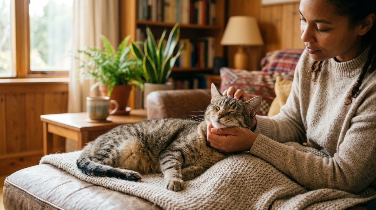 Gato deitado tranquilamente recebendo carinho do tutor, ambiente doméstico aconchegante