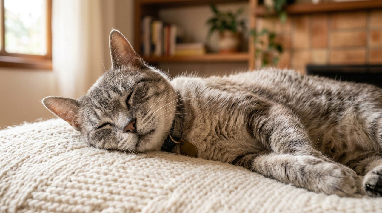 Gato idoso de pelagem grisalha ao redor do focinho, deitado tranquilamente em superfície macia