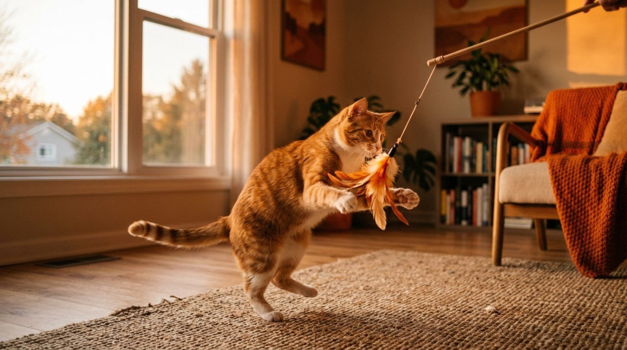 Gato laranja saltando animadamente para brincar com varinha de pena ao entardecer