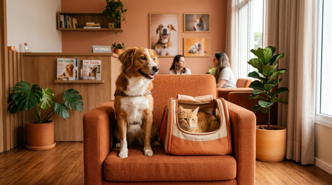 Cachorro e gato calmos em sala de espera de clínica veterinária acolhedora