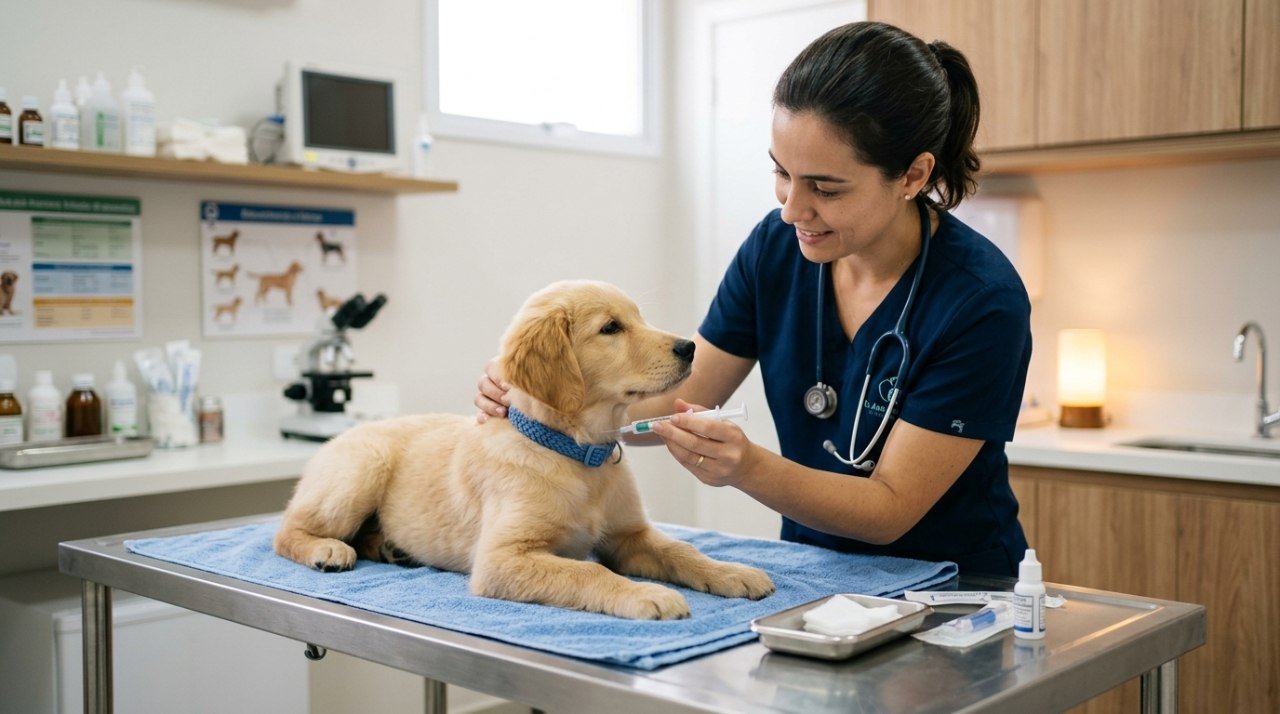 Veterinário aplicando microchip em um cachorro calmo durante consulta de rotina