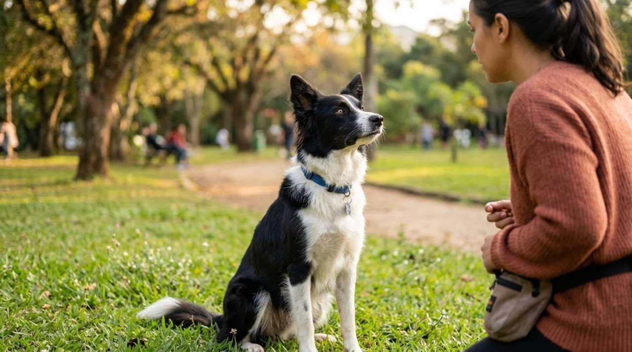 Cachorro atento olhando diretamente para o tutor durante treinamento ao ar livre