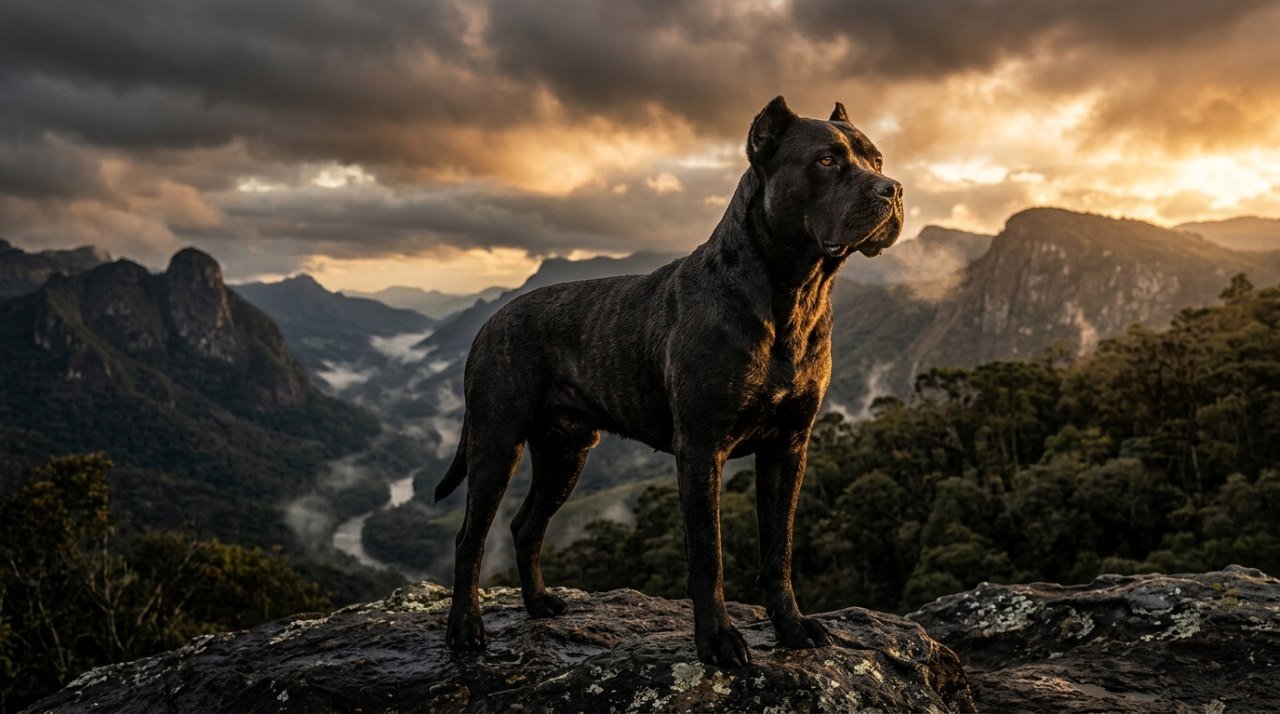 Cachorro de porte grande com postura imponente, pelagem escura, em ambiente externo