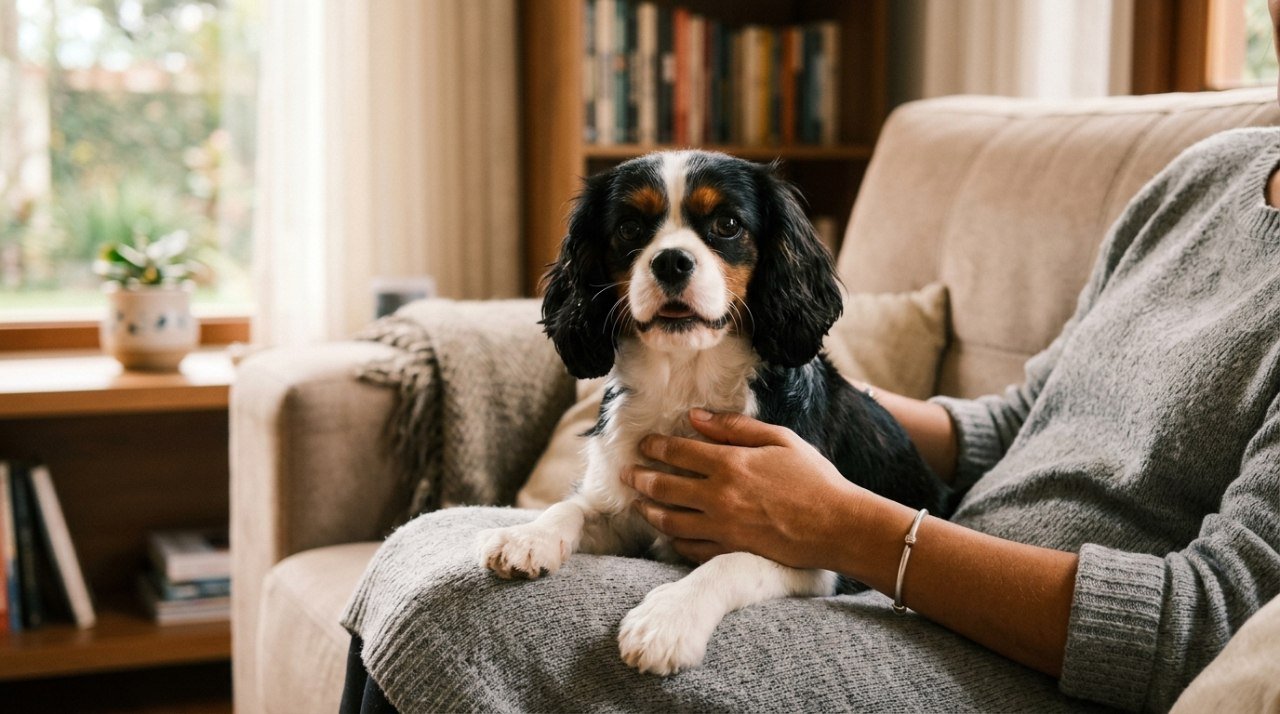 Cachorro de raça pequena, porte compacto, sentado com expressão alerta no colo do tutor