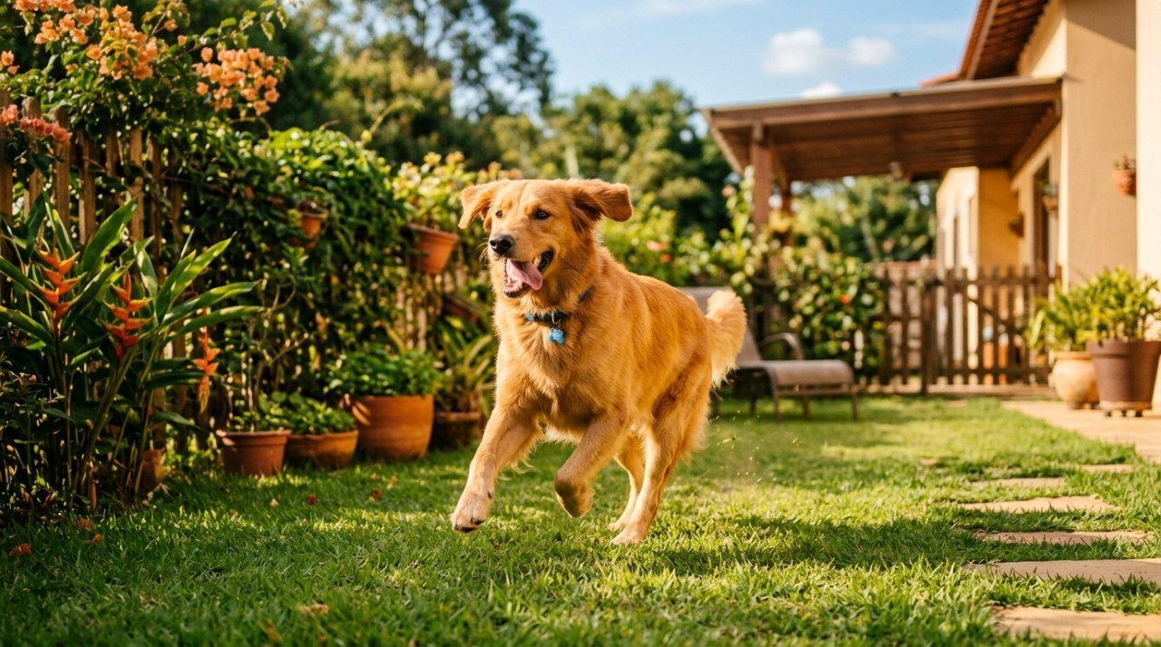 Golden retriever correndo feliz num quintal com grama verde em dia de sol