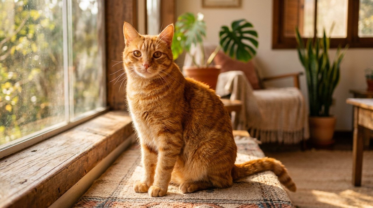 Gato de pelagem laranja vibrante sentado em ambiente iluminado por luz natural