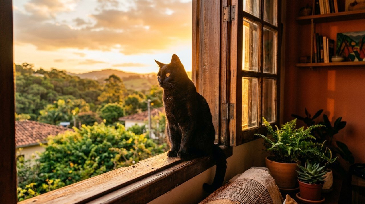 Gato preto elegante sentado na janela com luz dourada do entardecer