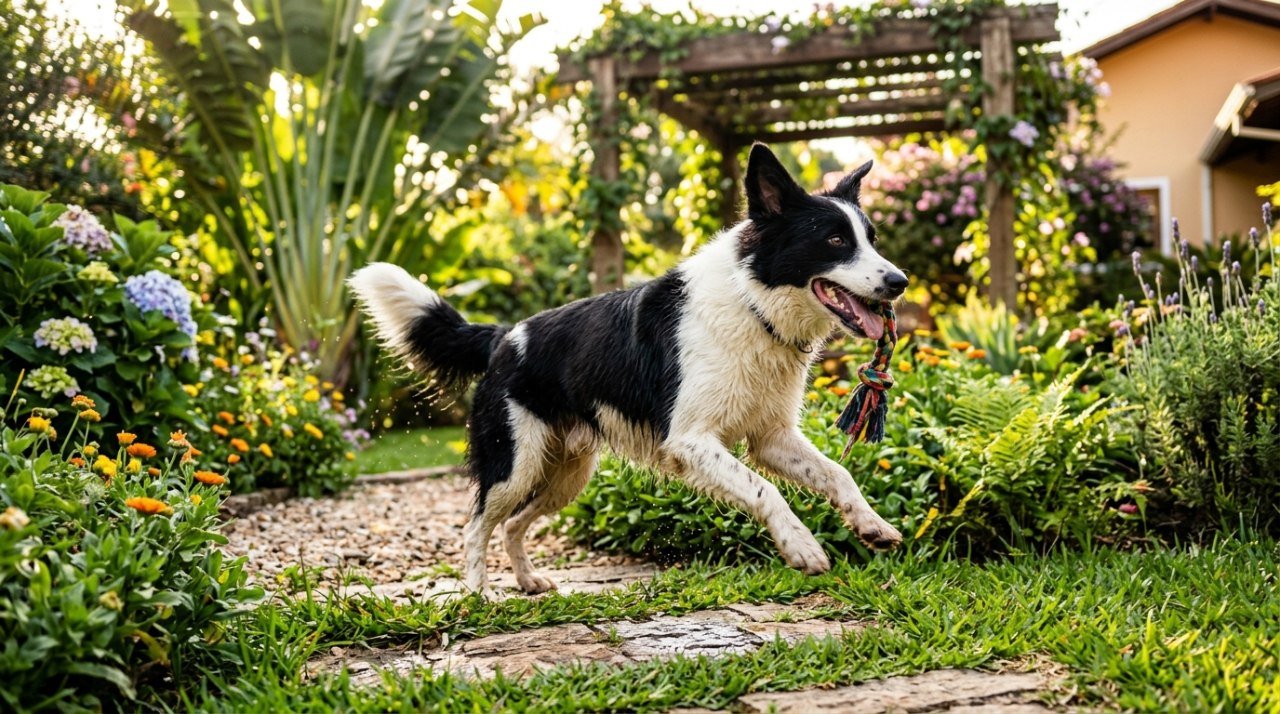 Cachorro bicolor preto e branco brincando em jardim, contraste de pelagem visível