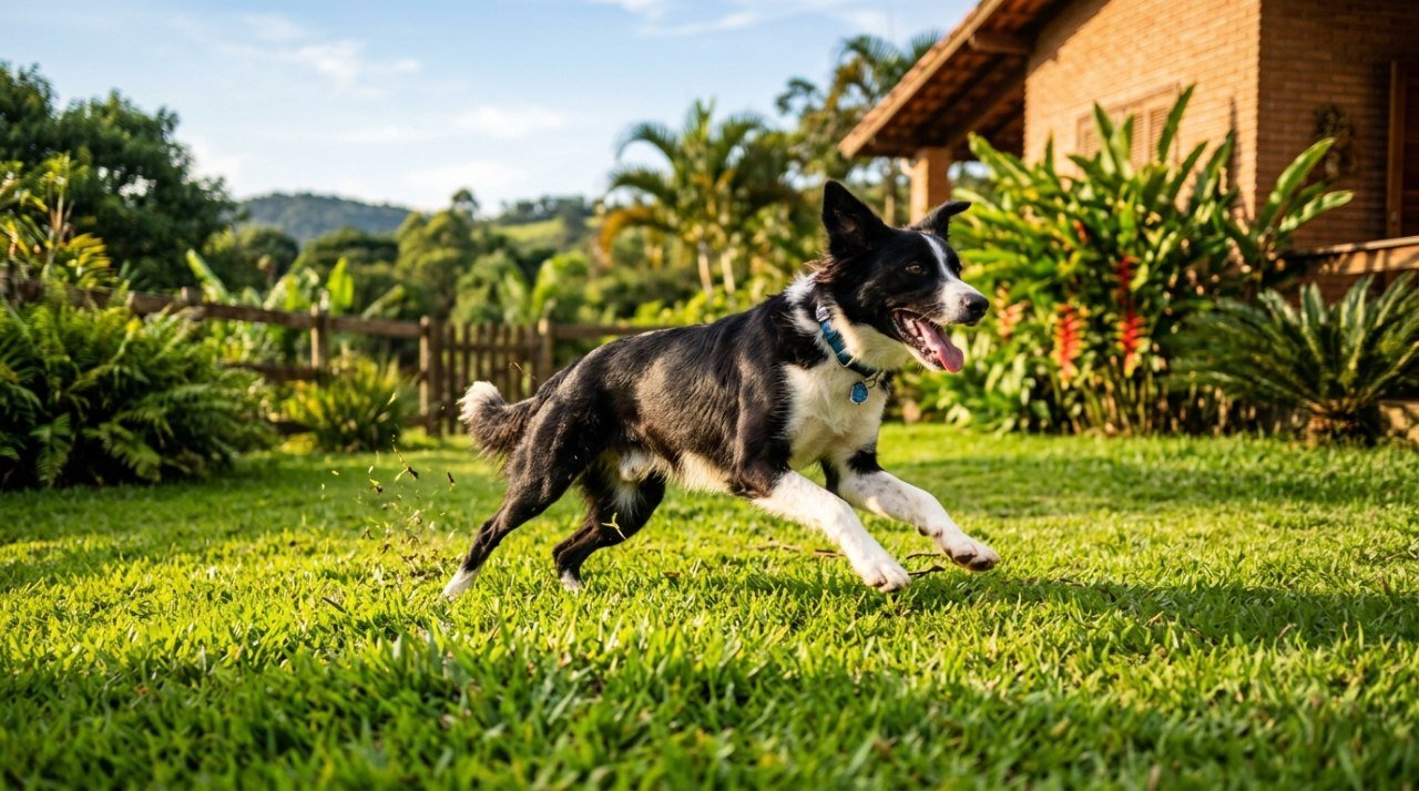 Cachorro ativo brincando no quintal, em bom condicionamento físico