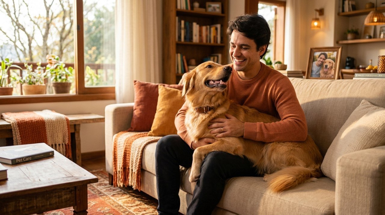 Tutor sorrindo enquanto segura cachorro no colo em ambiente doméstico acolhedor
