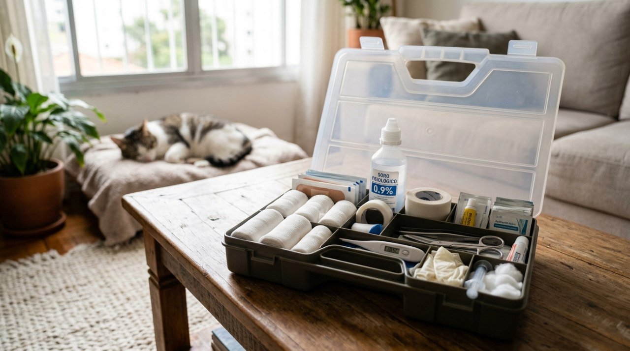 Kit de primeiros socorros para pets organizado em uma caixa, com gaze e soro fisiológico visíveis