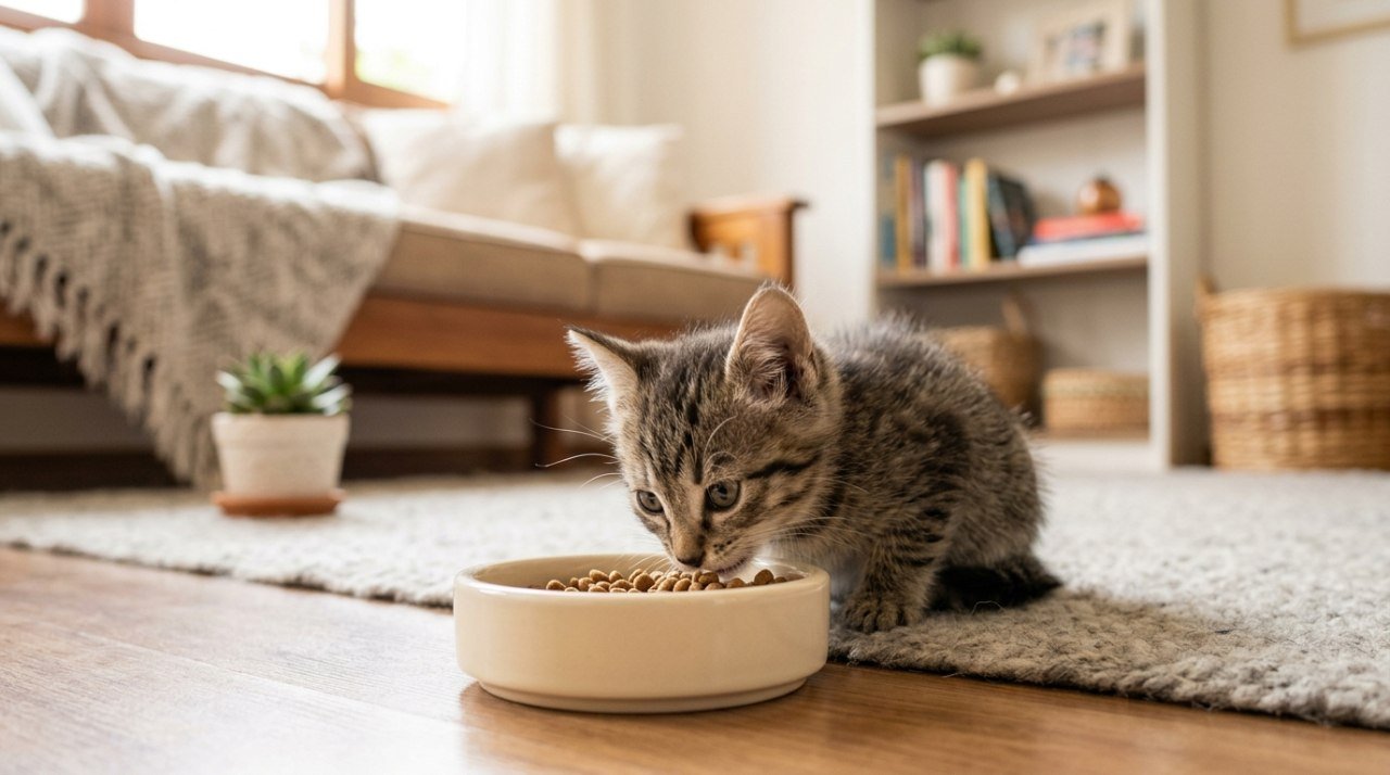 Gatinho filhote comendo ração num comedouro pequeno, ambiente doméstico claro