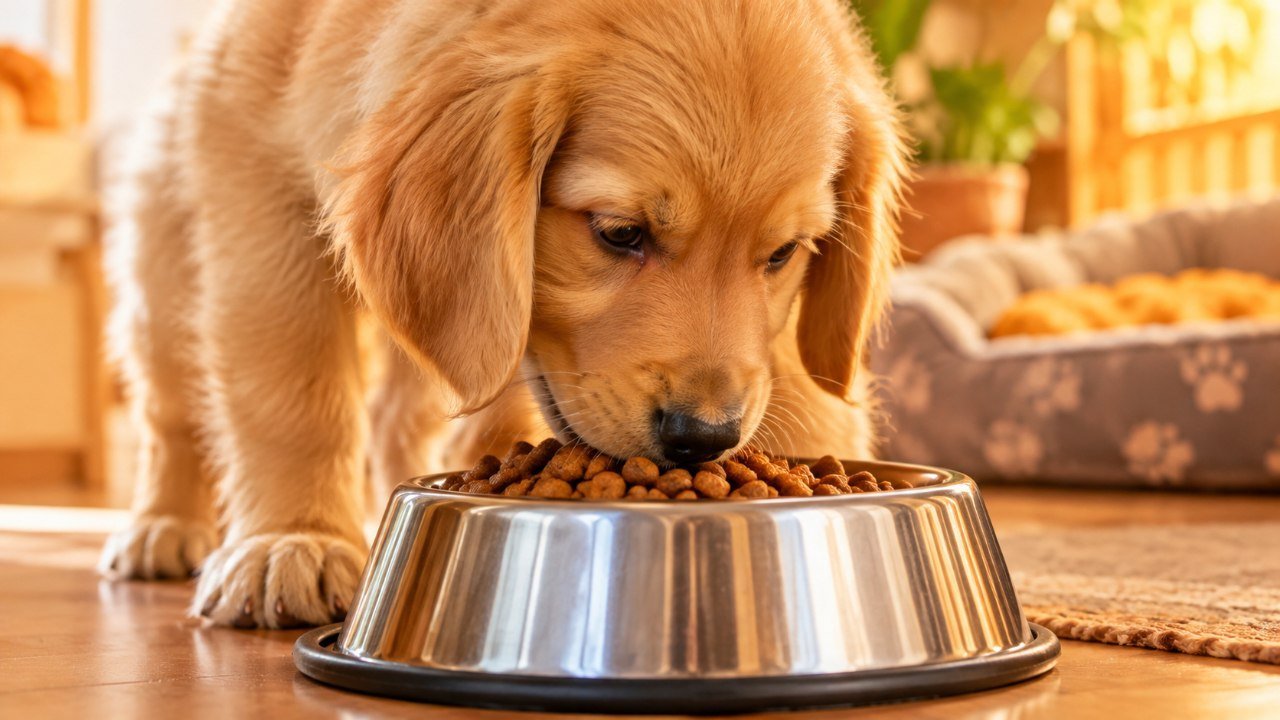 Filhote de golden retriever comendo ração em comedouro de inox
