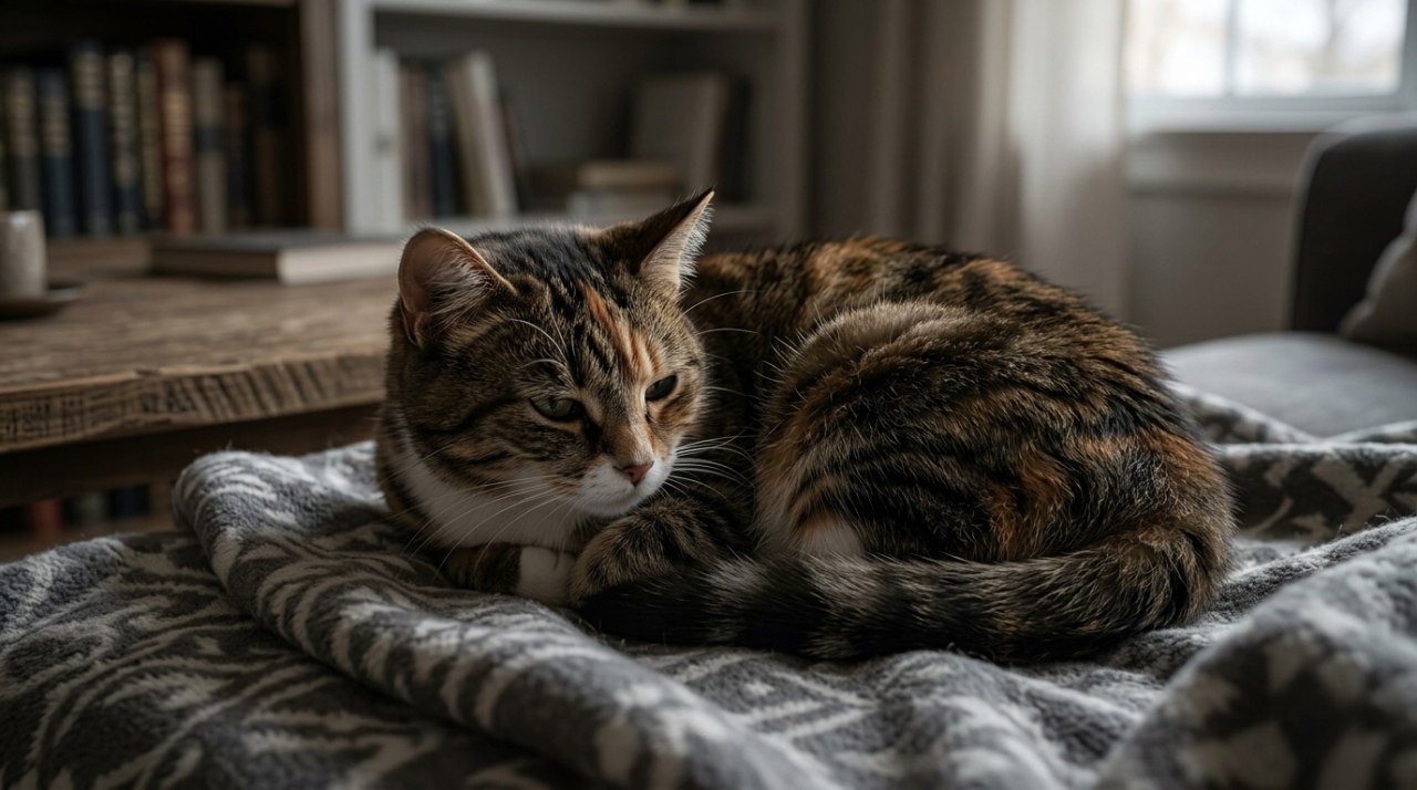 Gato observando atentamente, postura levemente curvada, em ambiente tranquilo