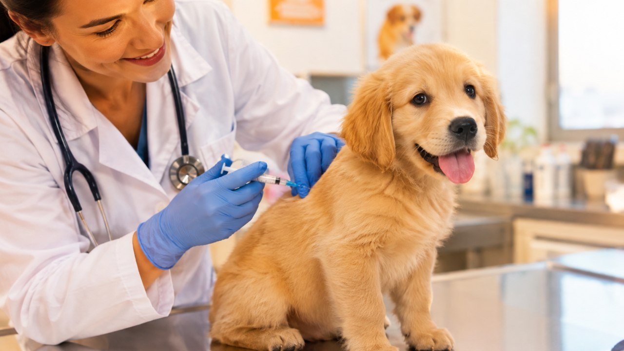 Veterinária aplicando vacina em filhote de cachorro golden retriever sobre a mesa de consultório