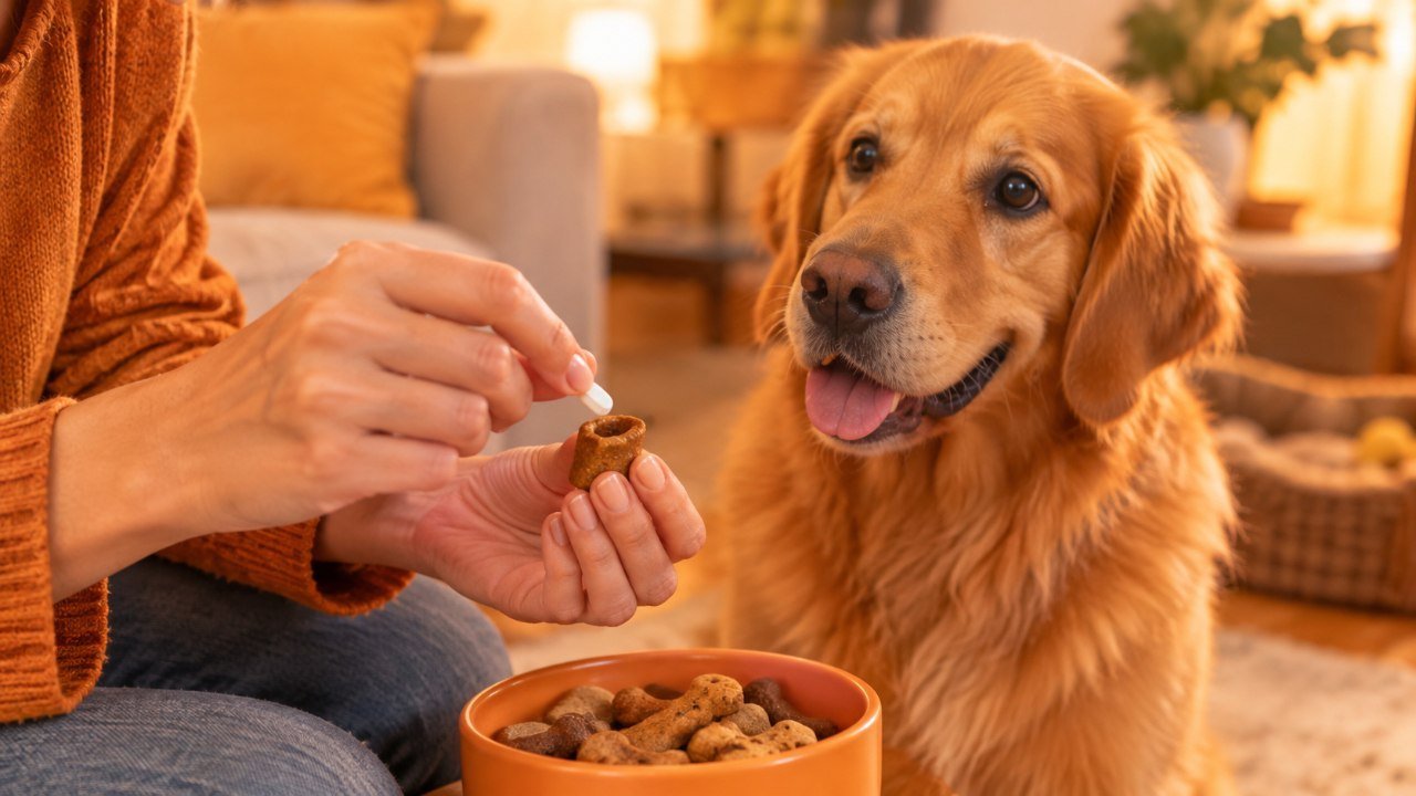 Tutor dando comprimido de vermífugo escondido em petisco para cachorro golden retriever
